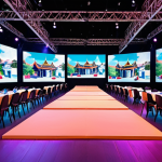 **Hybrid Event Venue Setup:** A vibrant image showcasing a modern event space in Thailand, prepared for a hybrid event. Feature a stage with a backdrop, some seated attendees, and large screens displaying remote participants. Emphasize the integration of in-person and virtual elements, with warm lighting and contemporary Thai decor.