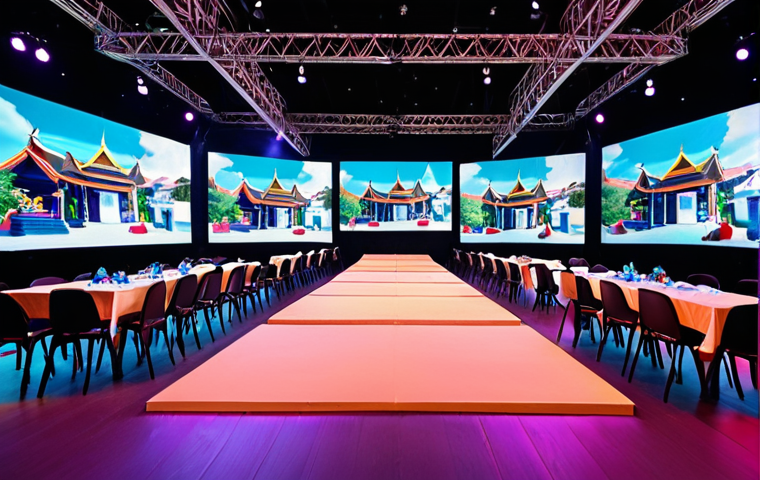 **Hybrid Event Venue Setup:** A vibrant image showcasing a modern event space in Thailand, prepared for a hybrid event. Feature a stage with a backdrop, some seated attendees, and large screens displaying remote participants. Emphasize the integration of in-person and virtual elements, with warm lighting and contemporary Thai decor.